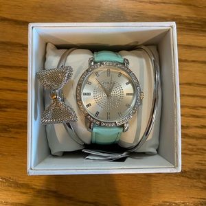 Folio Watch Silver With Faux Diamonds And Imitation Leather Band And 2 Bracelets